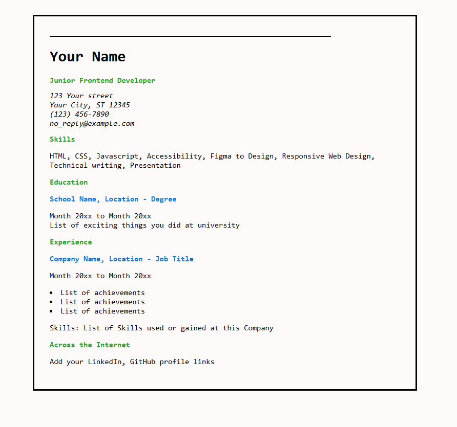Screenshot of my single-page CV form built with HTML